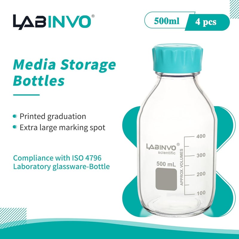 LINVO Glass Round Media Storage Bottles, 4pcs of Vol.500ml, 3.3 Borosilicate Glass Material, With GL45 Polypropylene Screw Cap in Aqua Blue Color, Type B Cap,IN-RB500A - Image 2